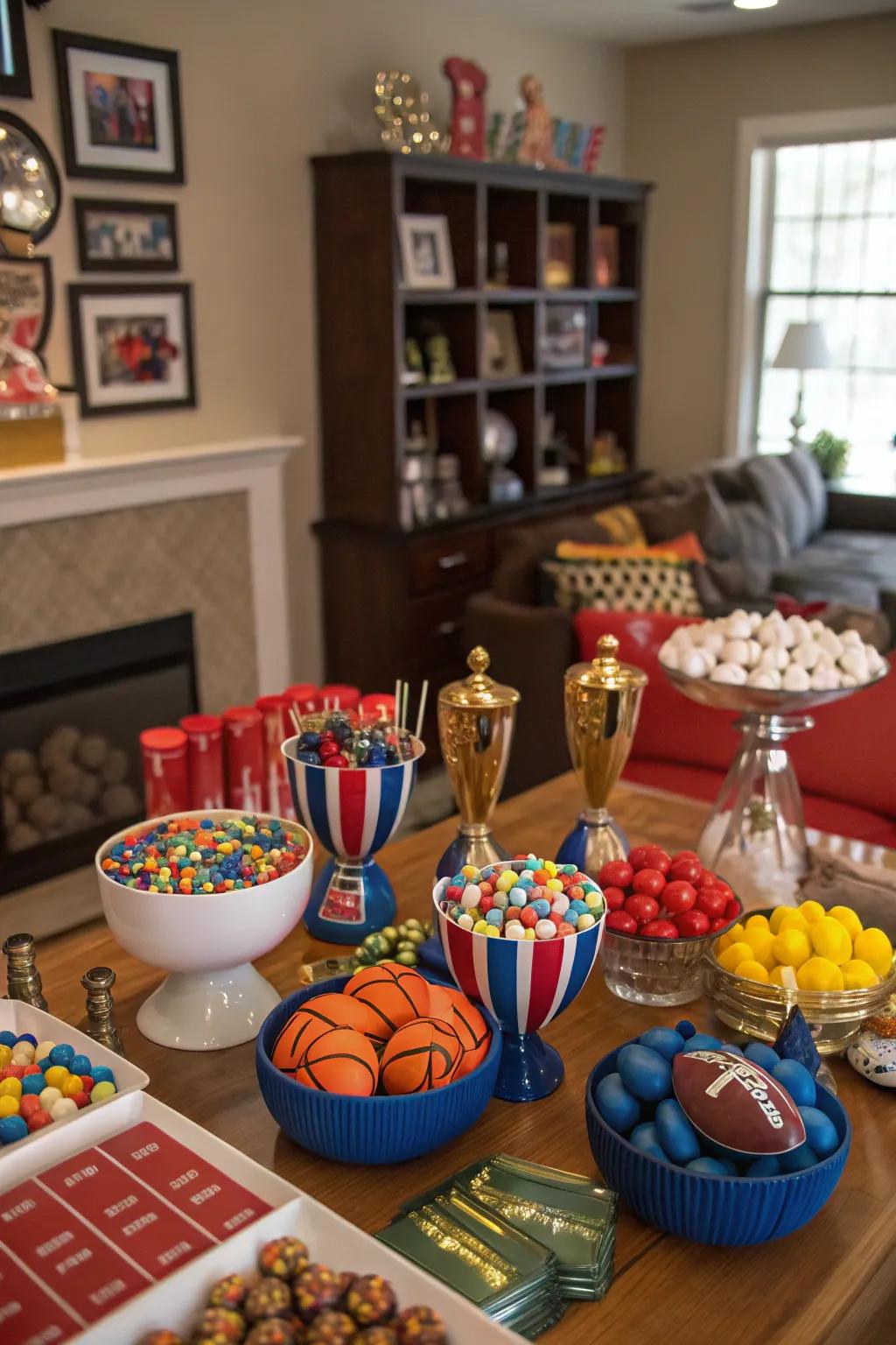 A candy table for the sports fanatics.