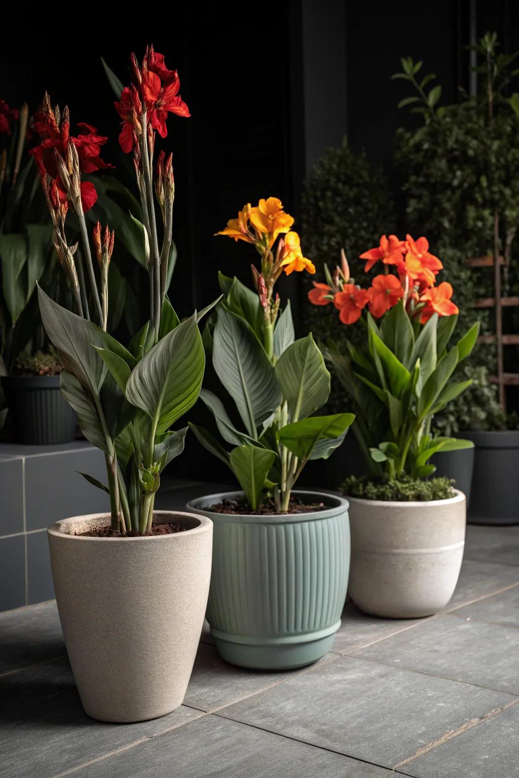 Monochrome magic with majestic blooms and matching pots.