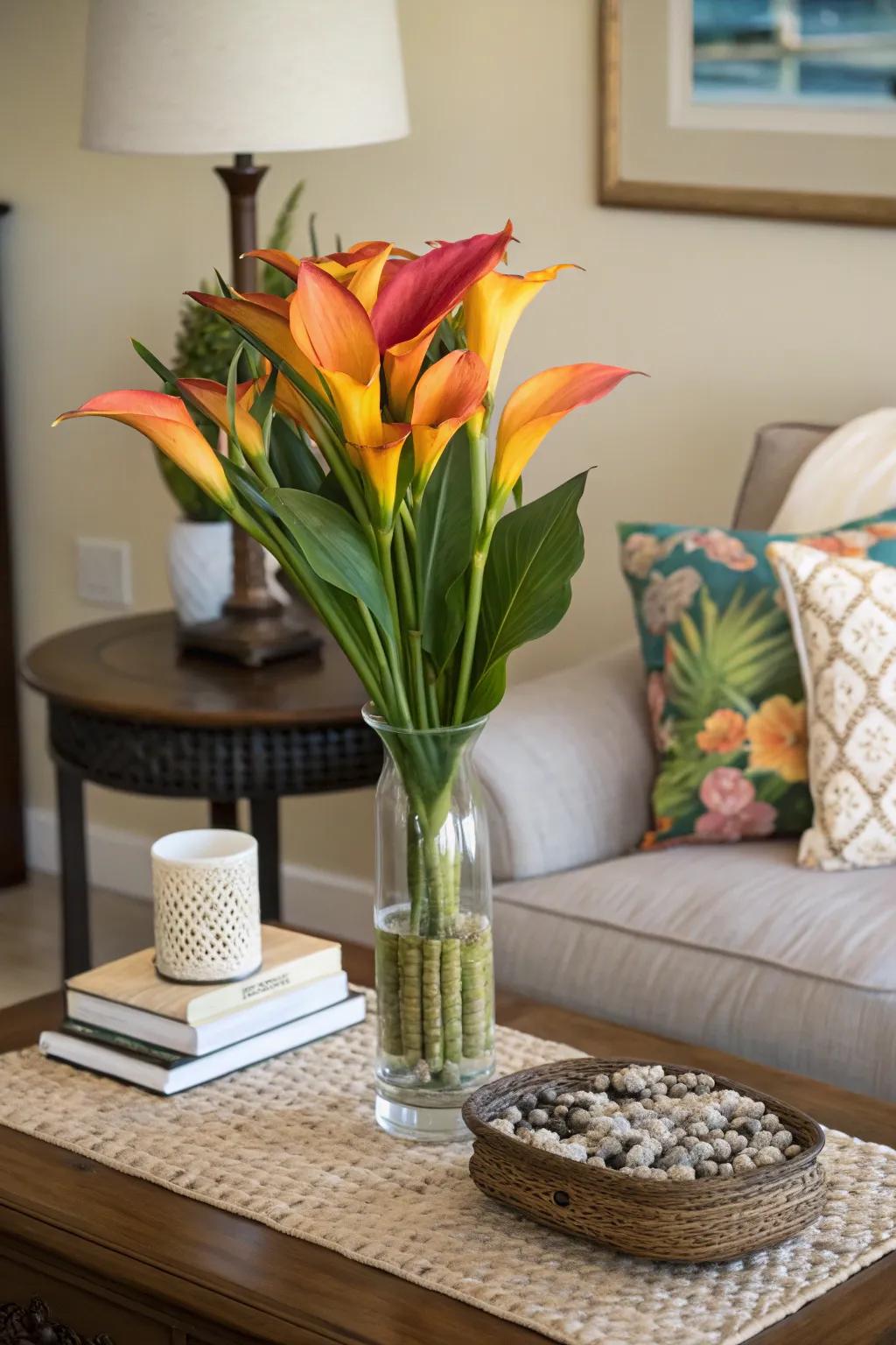 Introduce the tropics indoors via 'Flame' lily displays.