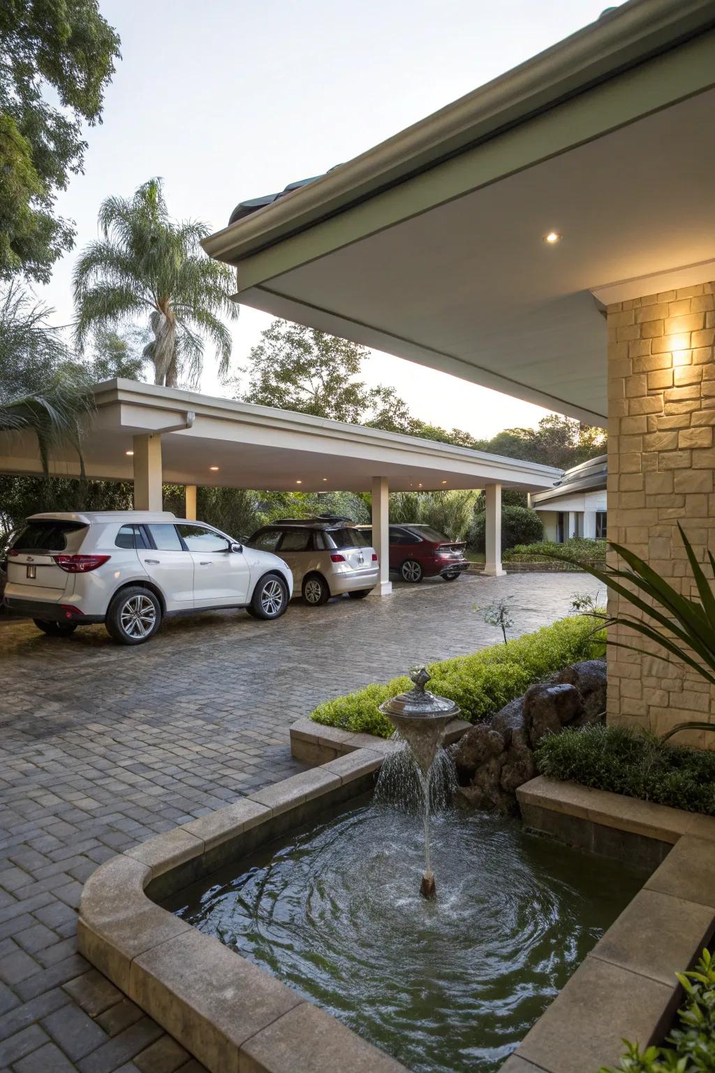 A carport equipped with a water feature, adding tranquility and charm to the outdoor space.
