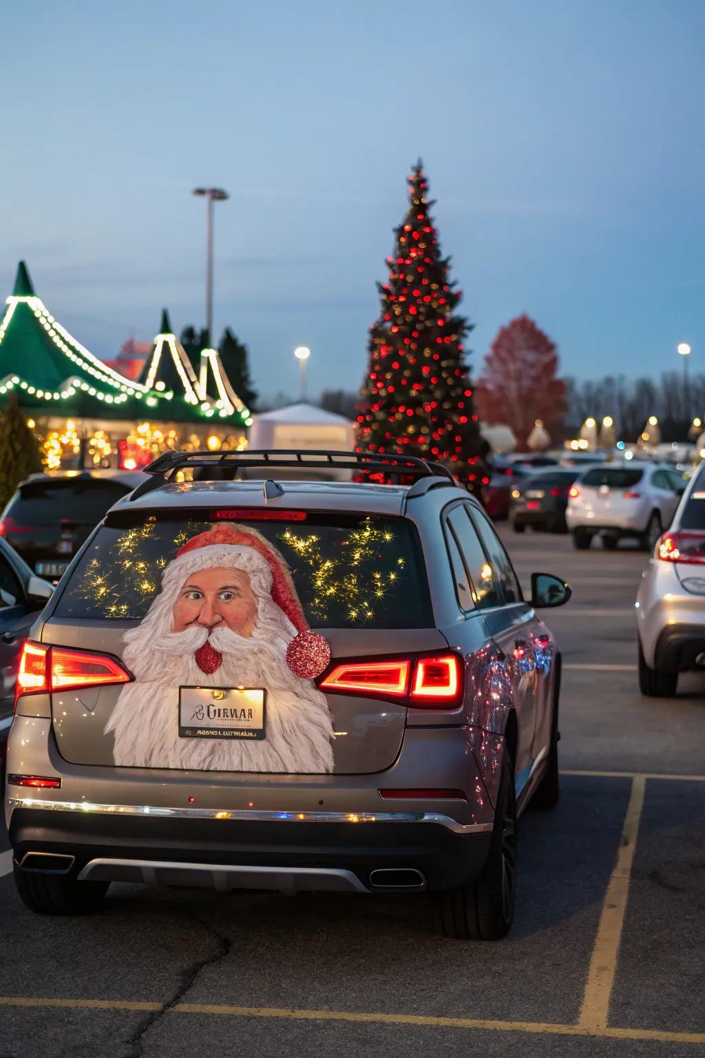 A funny Santa face on a car, bringing smiles and holiday cheer.