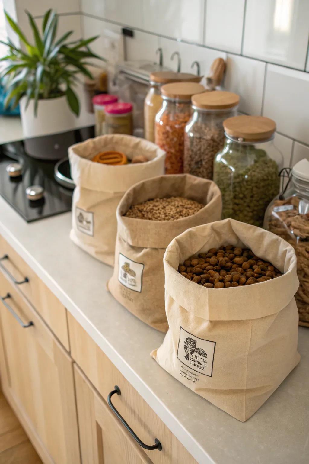Earth-friendly stowing bags employed for sustainable feline food storage.