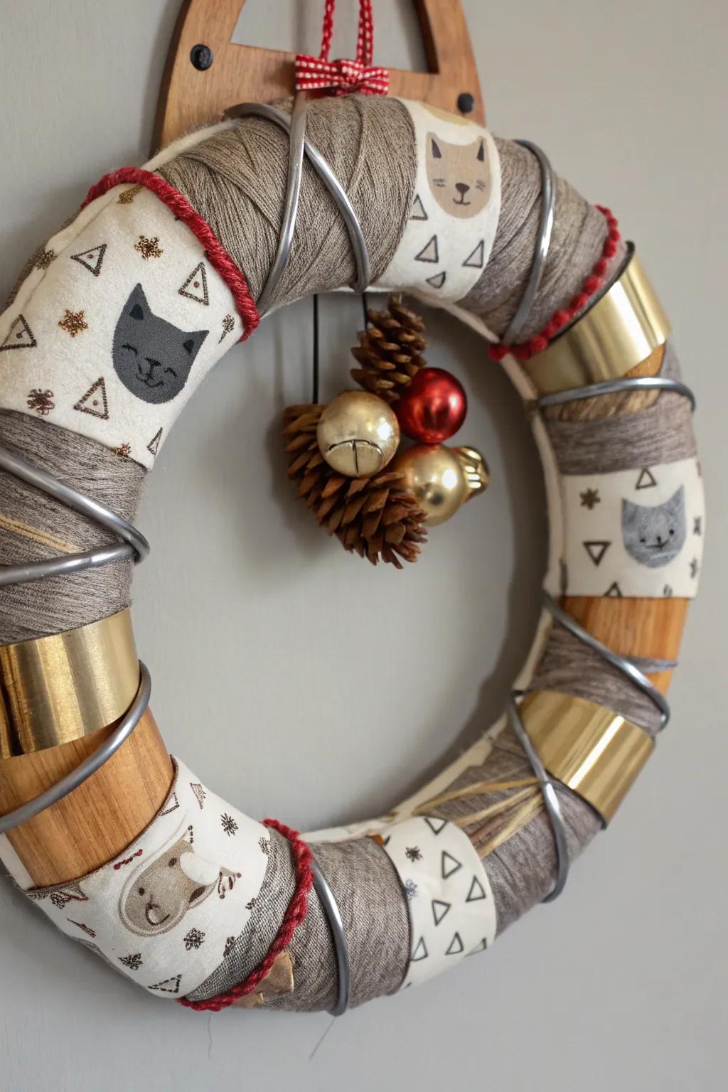 An eclectic harmonized material feline wreath for creative expression.