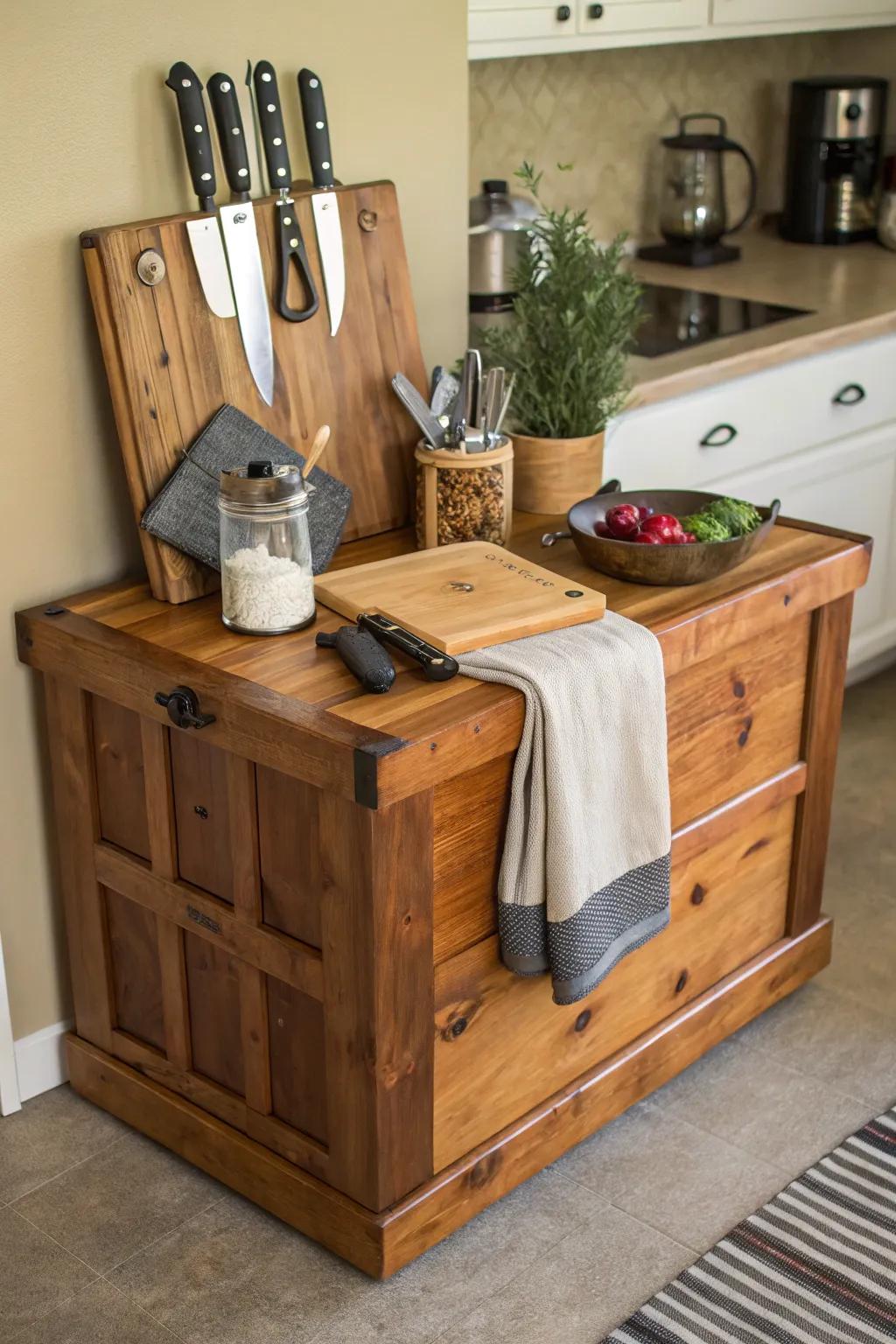 A cedar chest that has been creatively repurposed as a functional kitchen island.