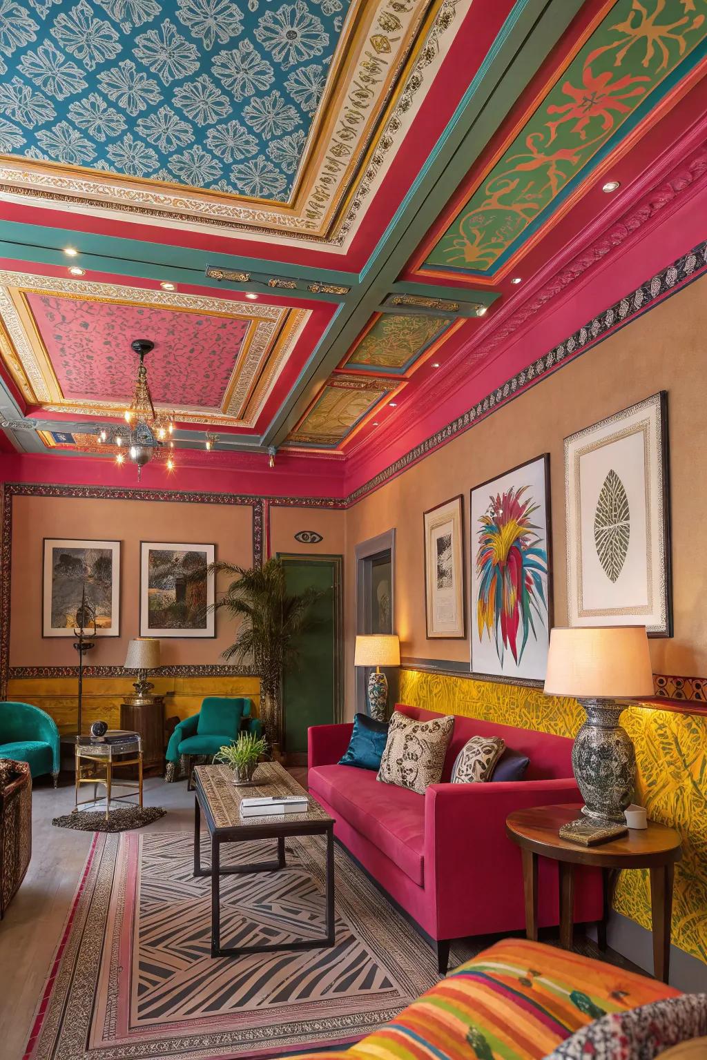 Colored ceiling panels add a vibrant burst of color.