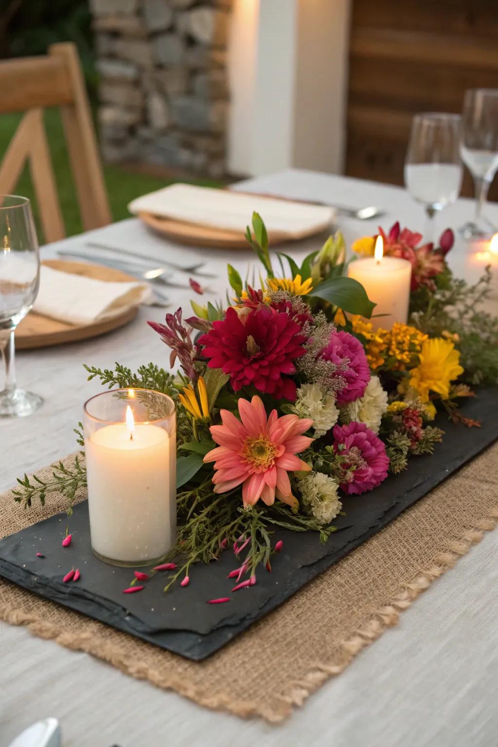 Modern refinement with a dark stone slab centerpiece foundation.