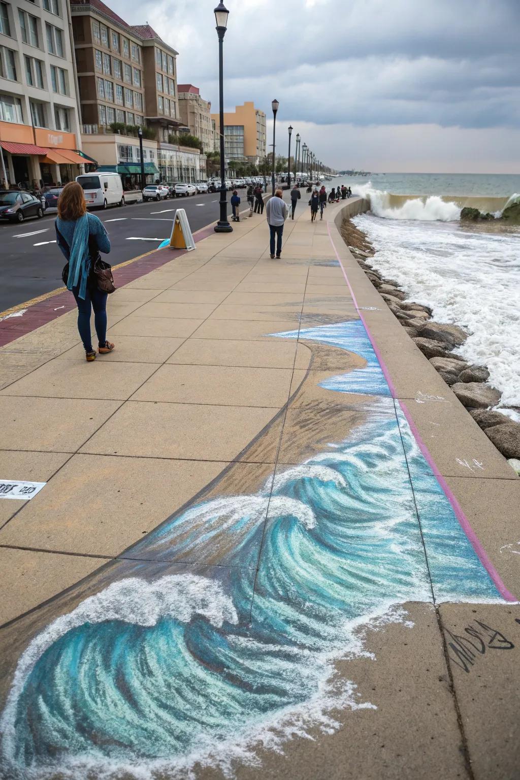 A calming beach scene with rolling swells sketched in art sticks.
