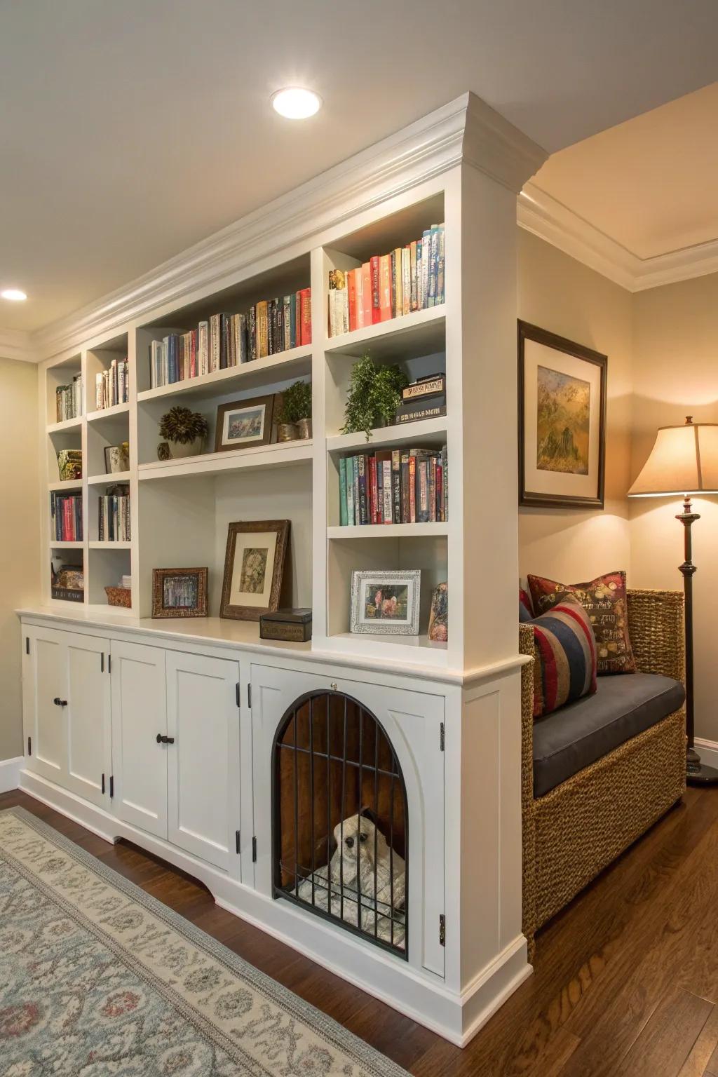 A book lover's dream: a kennel integrated into a bookcase.
