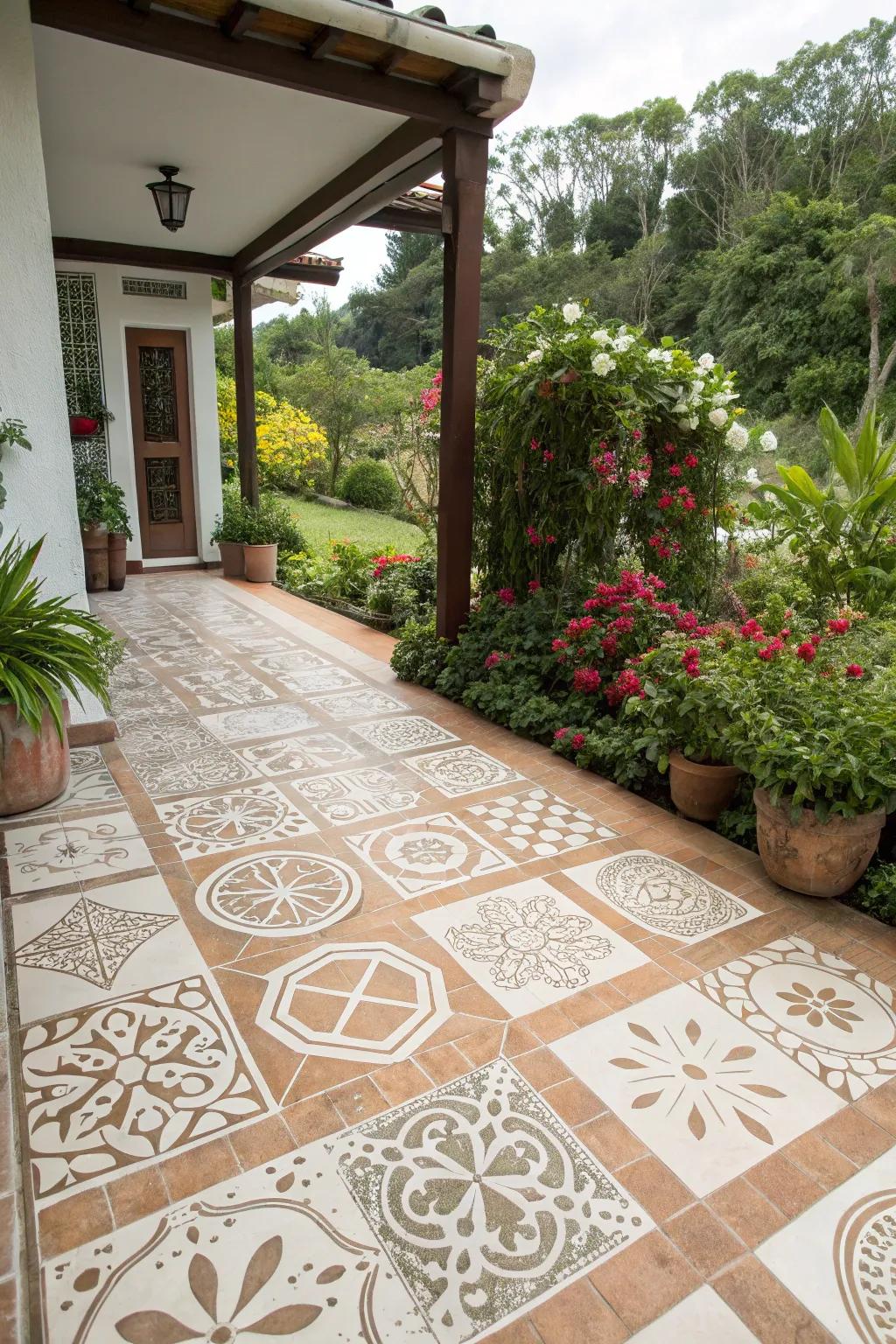 Stenciled patterns incorporating a DIY tile effect.