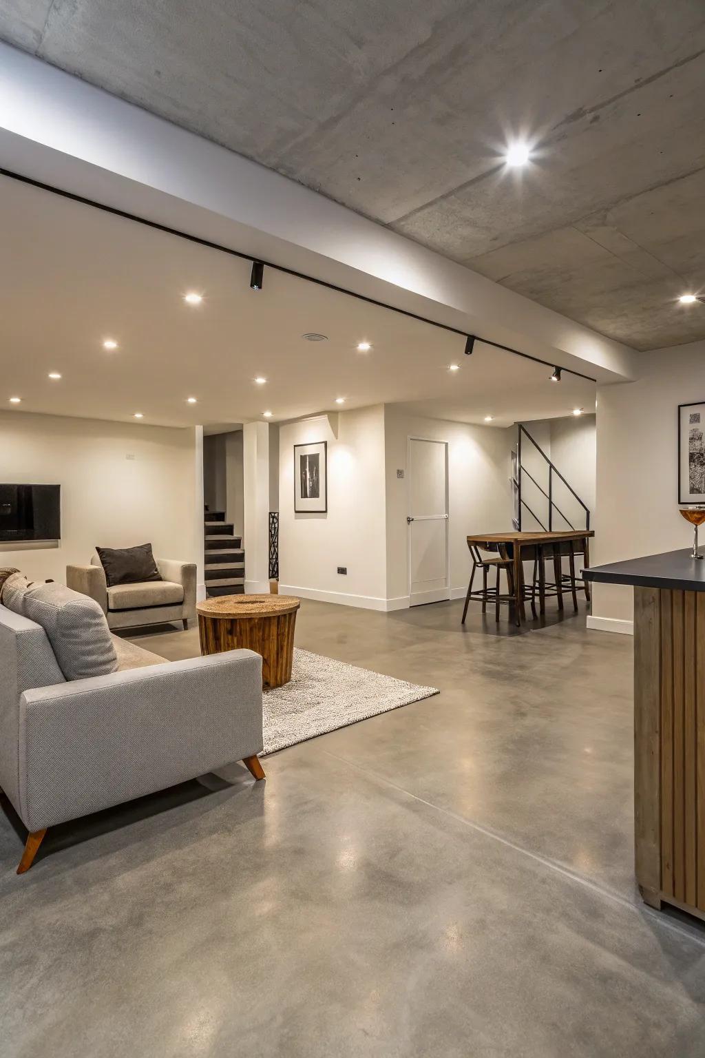 Sealed concrete provides a streamlined and minimalist flooring choice for modern basements.