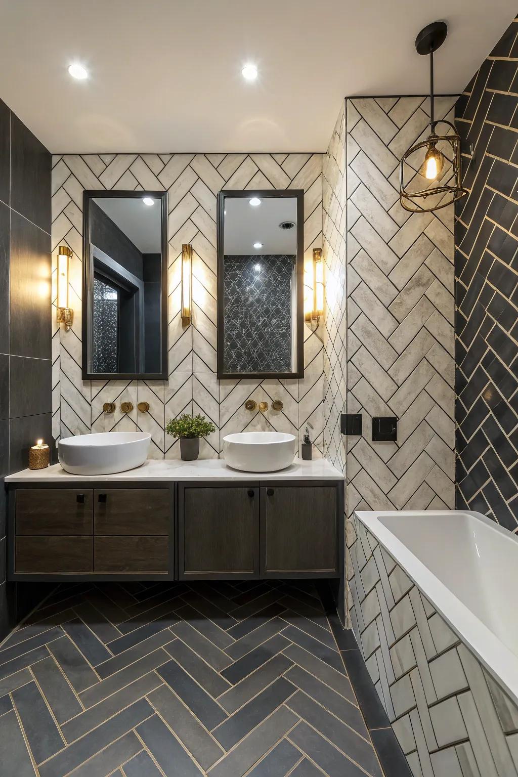 The zigzag layout pattern is highlighted by contrasting putty, which gives this elegant bathroom more depth and definition.