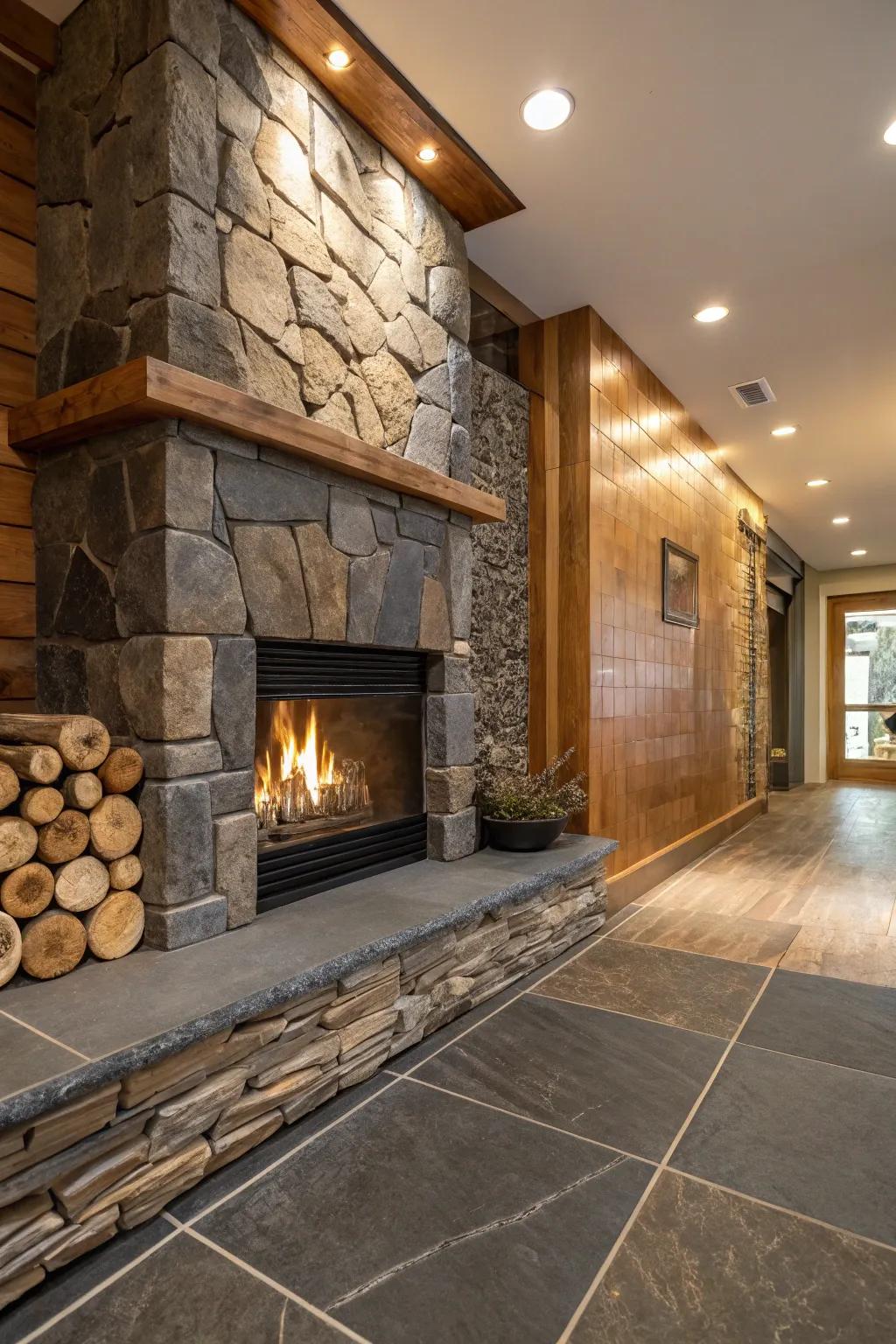 Layered textures surrounding the fireplace cultivate rich visual intrigue.