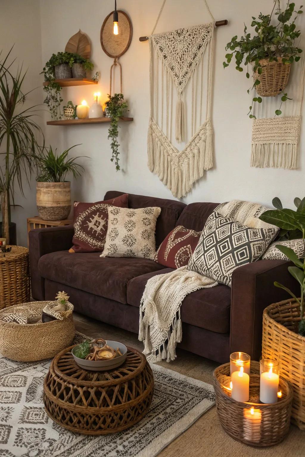 Boho vibes and rich materials create a whimsical atmosphere around a cocoa sofa.