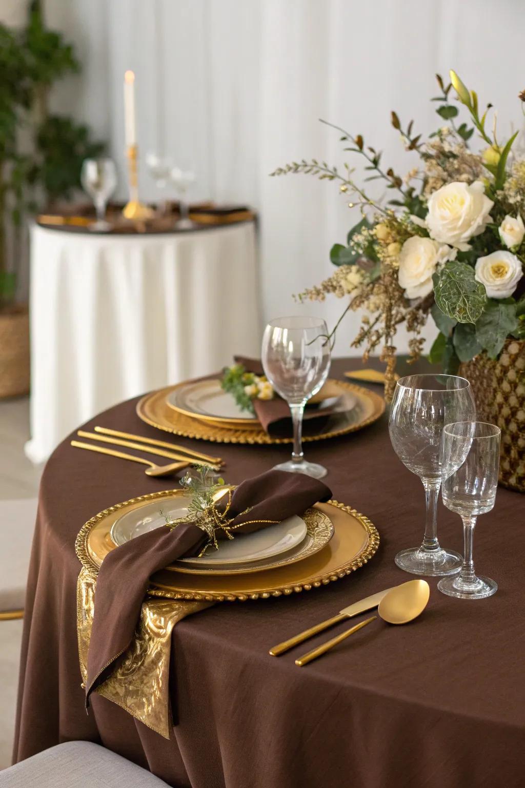 A polished cocoa-themed table setting for a special gathering.