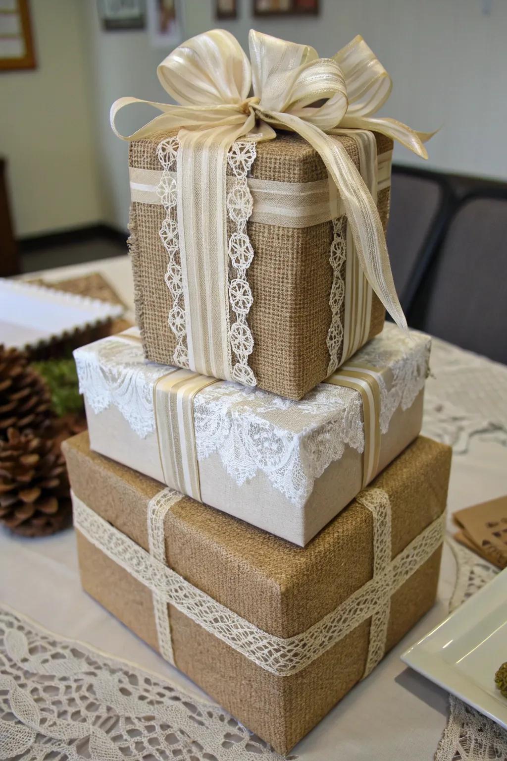 Layered materials produce a complex and tactile gift-wrapping experience.