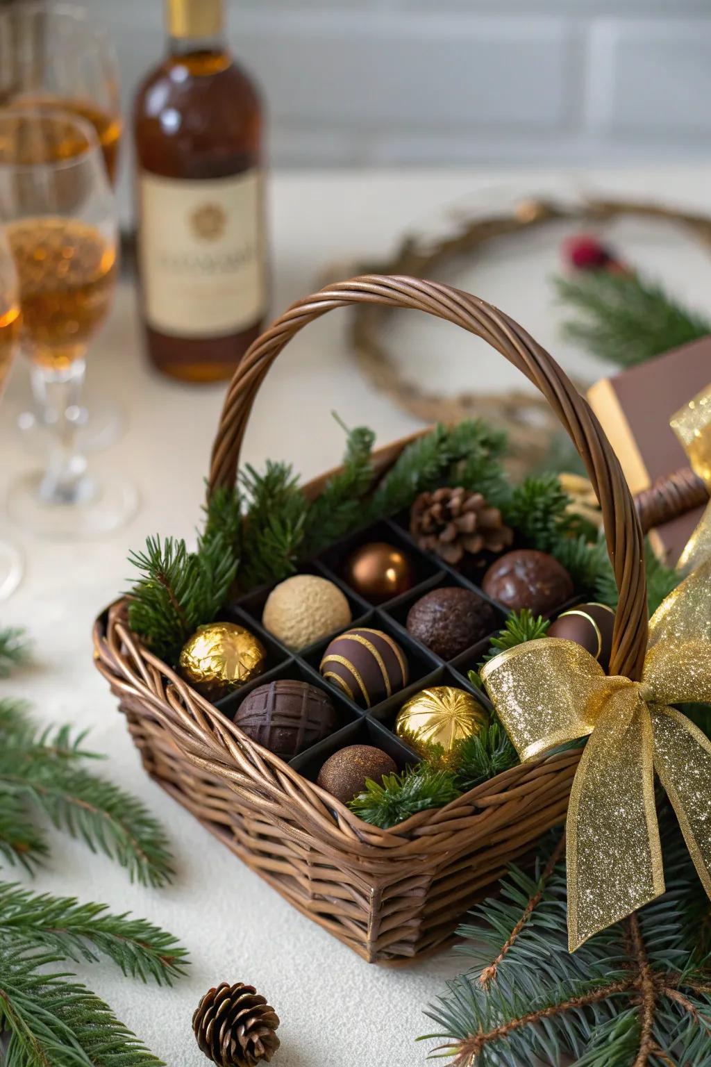 A grape spirit and chocolate hamper oozing stylish indulgence.