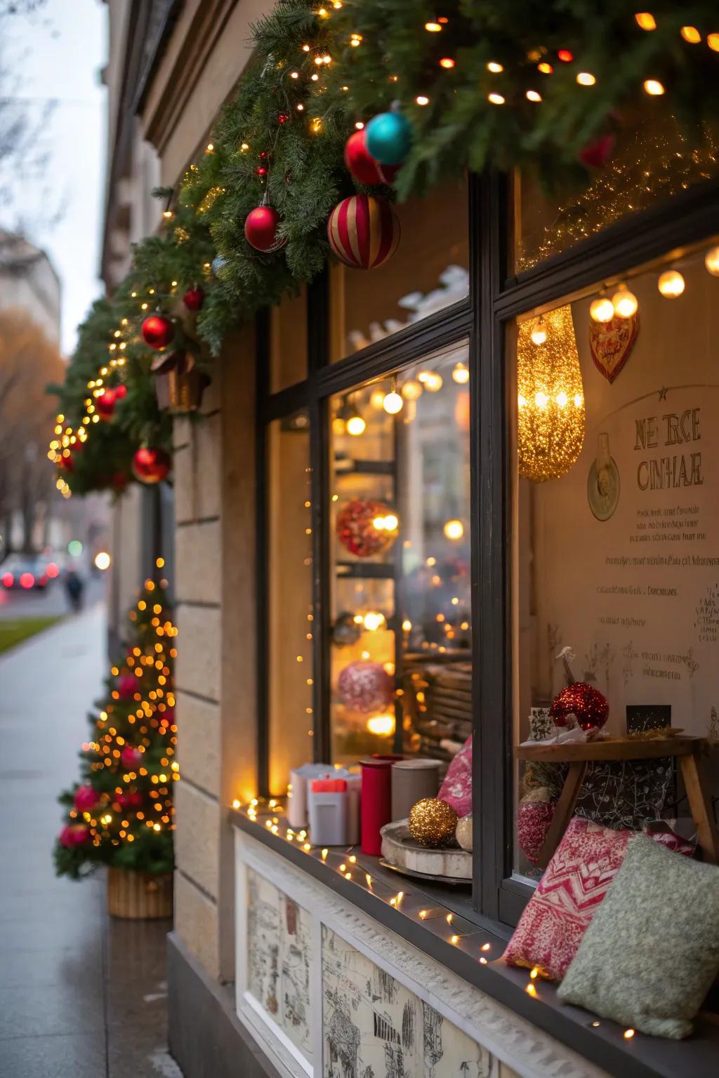 A celebratory window display showcasing joyful Christmas decorations and creative lighting.