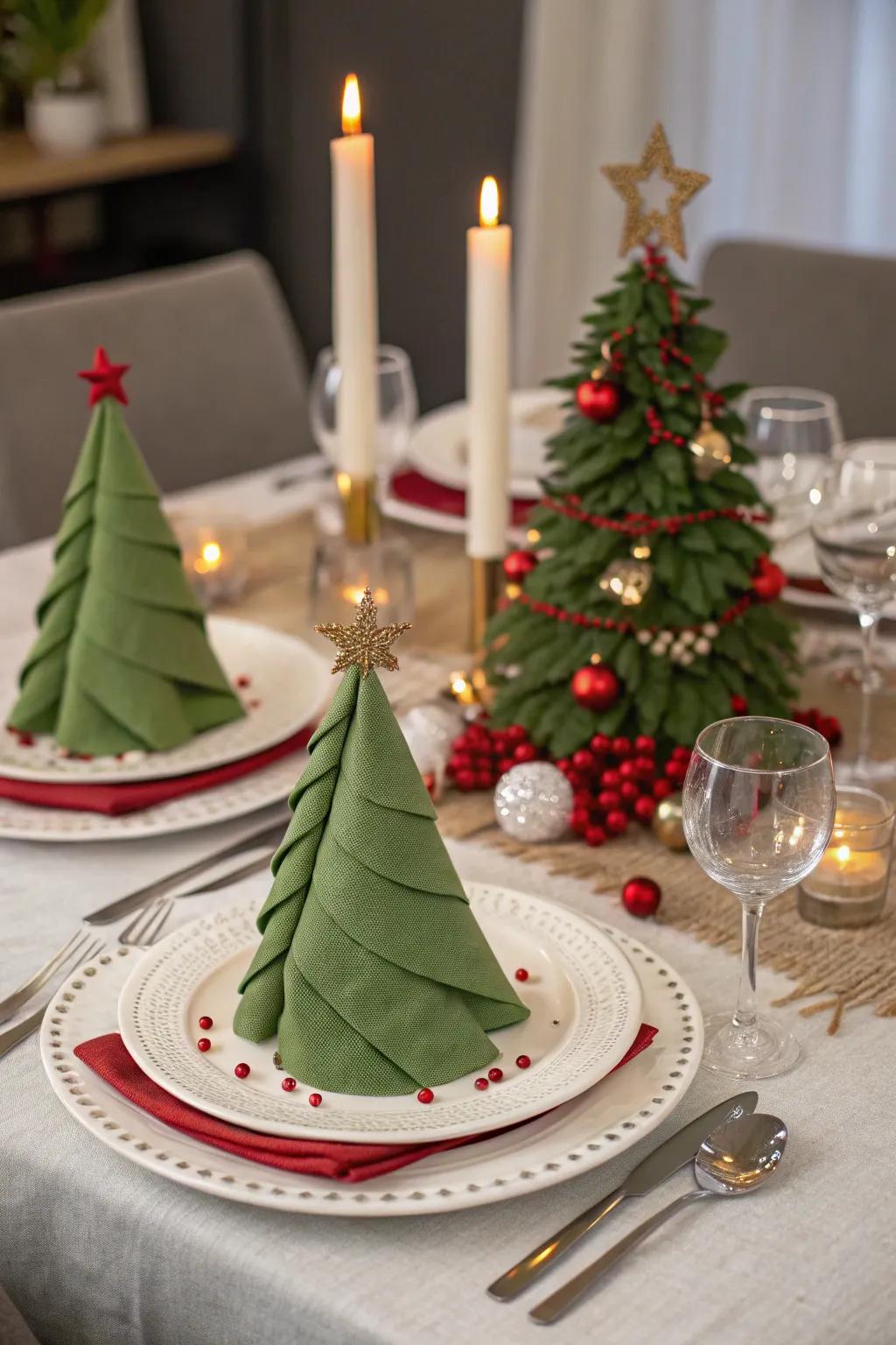 Cloths folded as Christmas trees convey celebratory cheer.