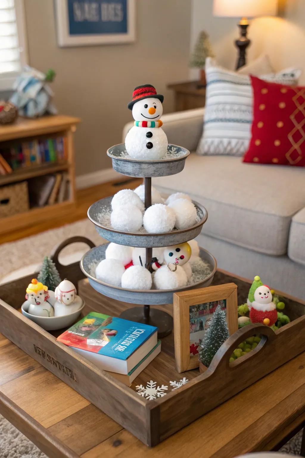 A cheerful snow buddy scene on a multi-level display.