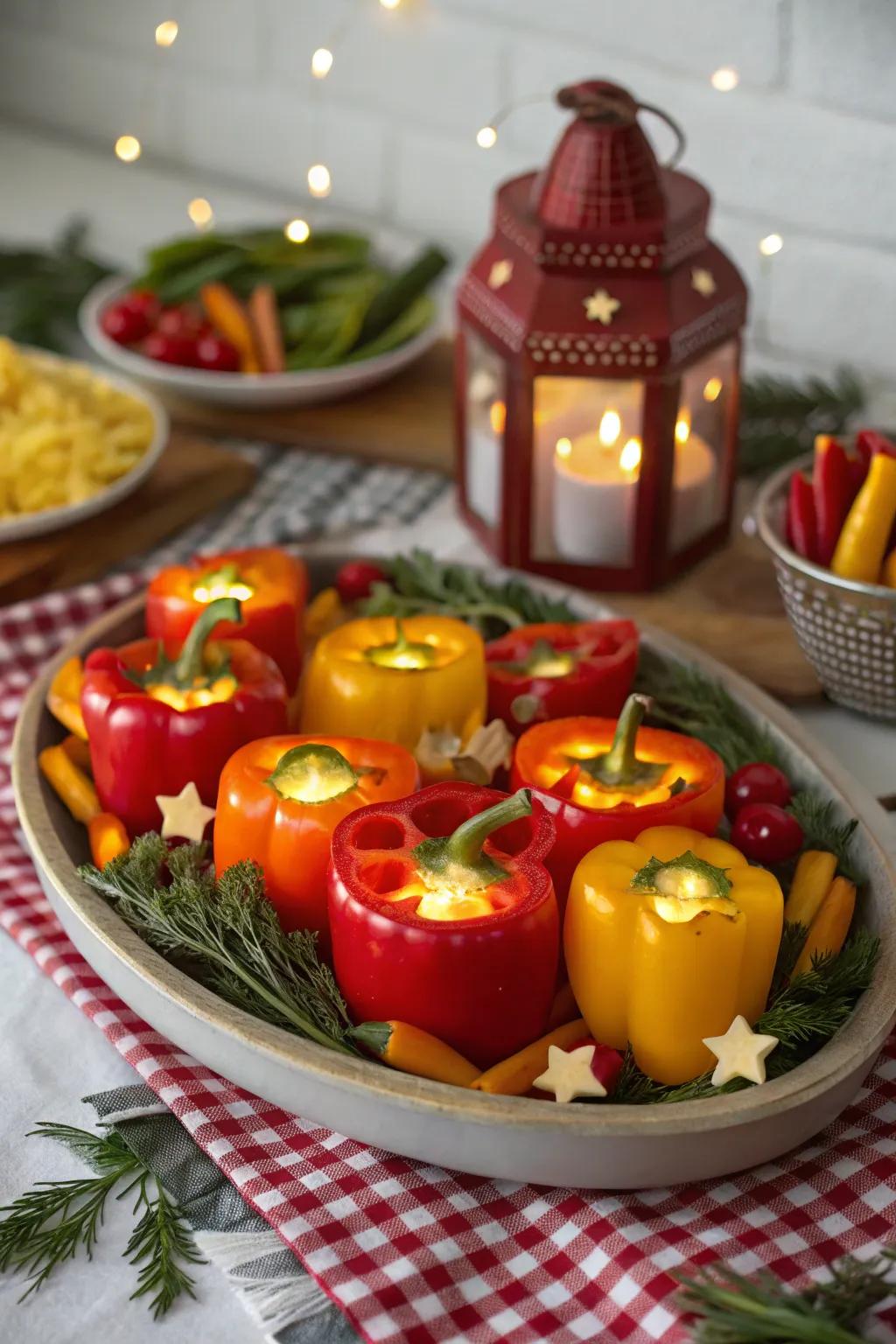 A festive lantern veggie tray that brings a warm holiday glow.