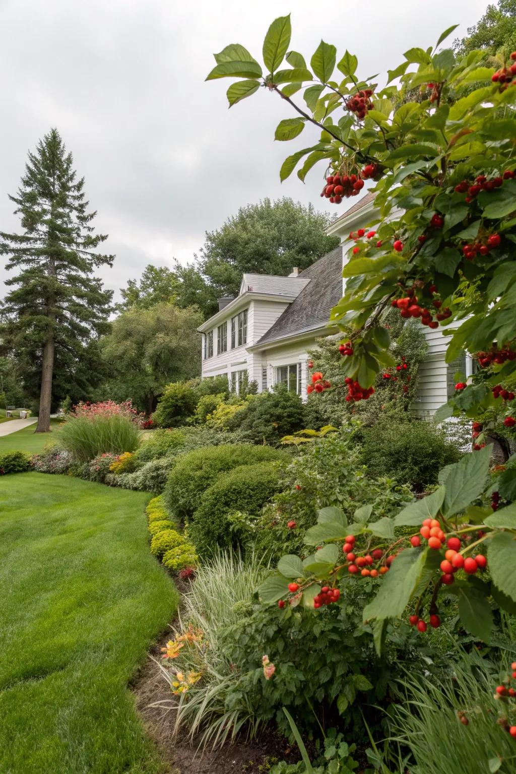 A lawn showcasing lush vegetation and berry accents.