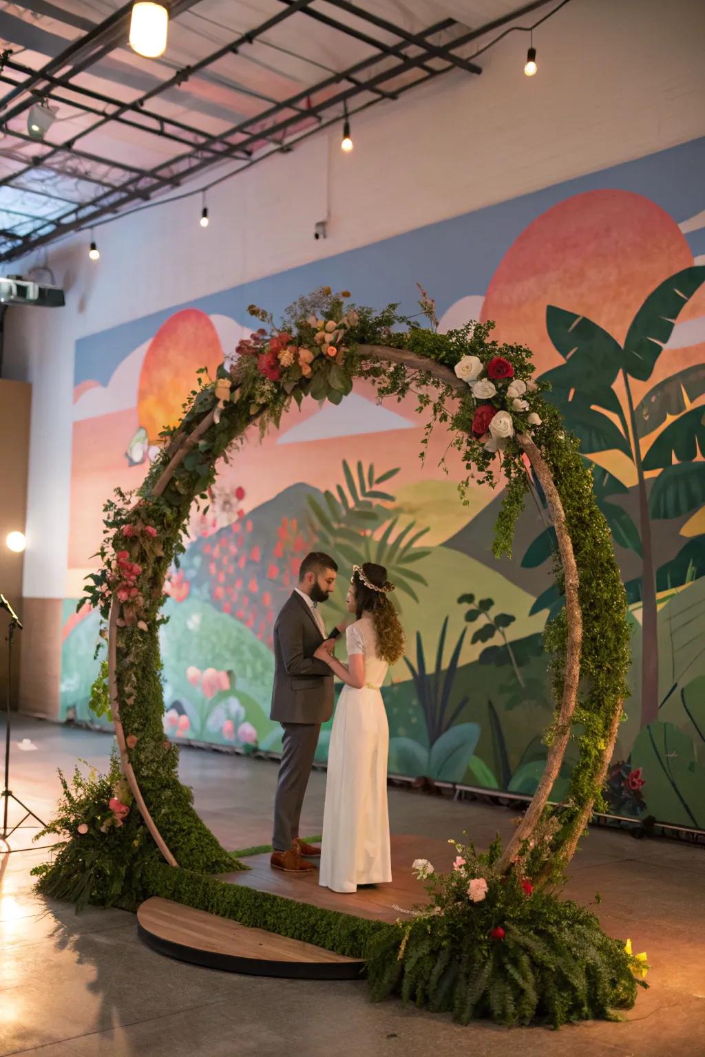 An artistic circle arch featuring a custom mural.