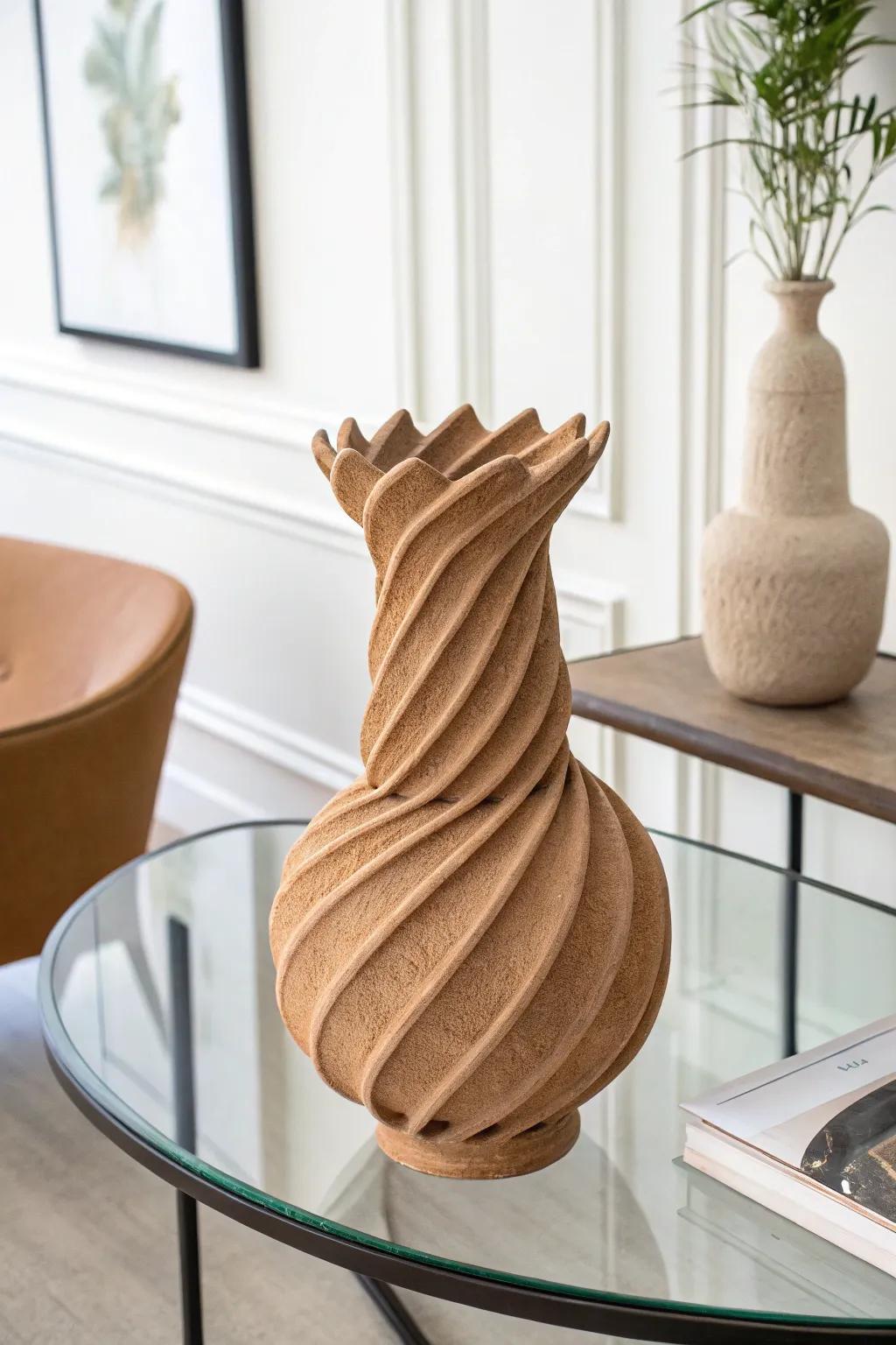 A spiraled earthenware vase with curved figures producing vibrant visual attraction.