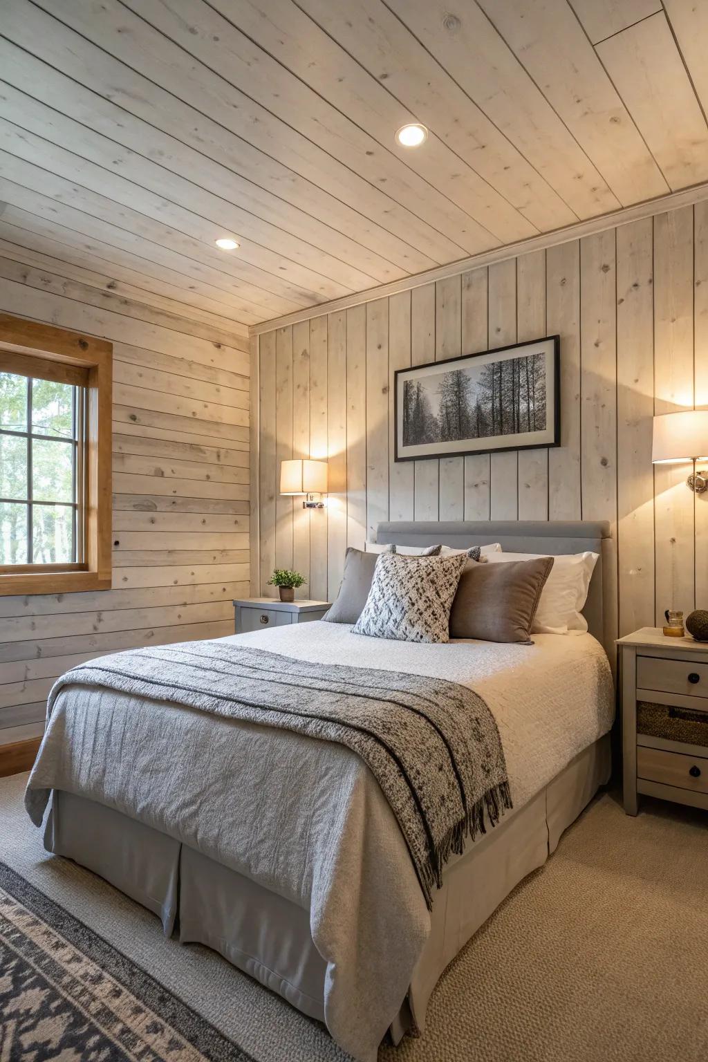 Patterned walls introduce depth and interest to a tidy bedroom.