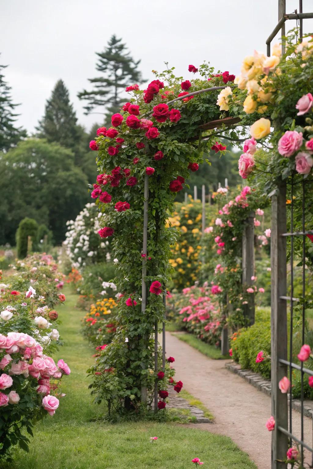 Enhance your garden with a vibrant admixture of climbing rose hues.