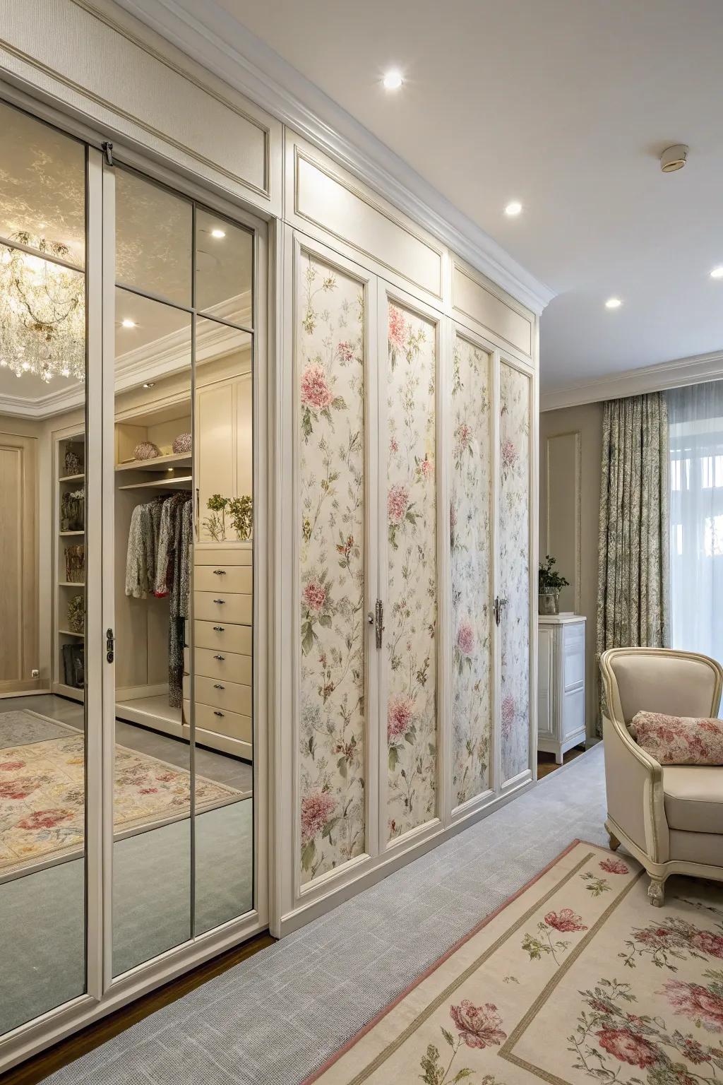 Fabric-lined glass doors offer privacy and elegance.