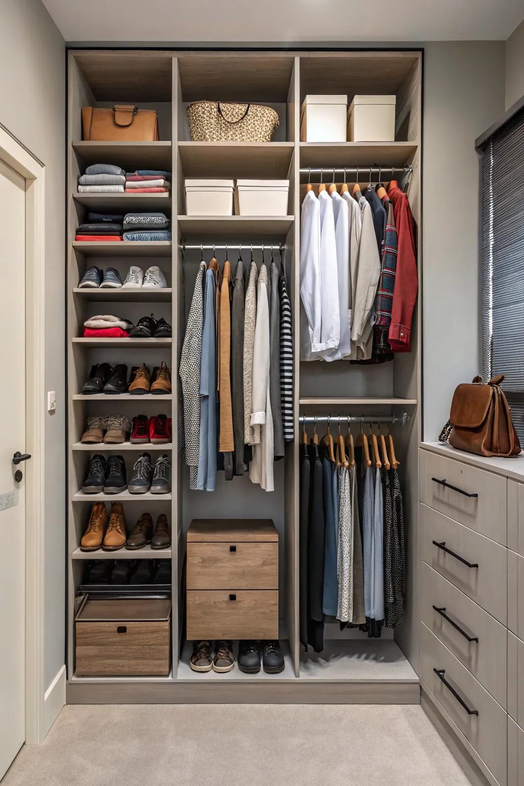 Vertical space use makes the most of storage in your closet.
