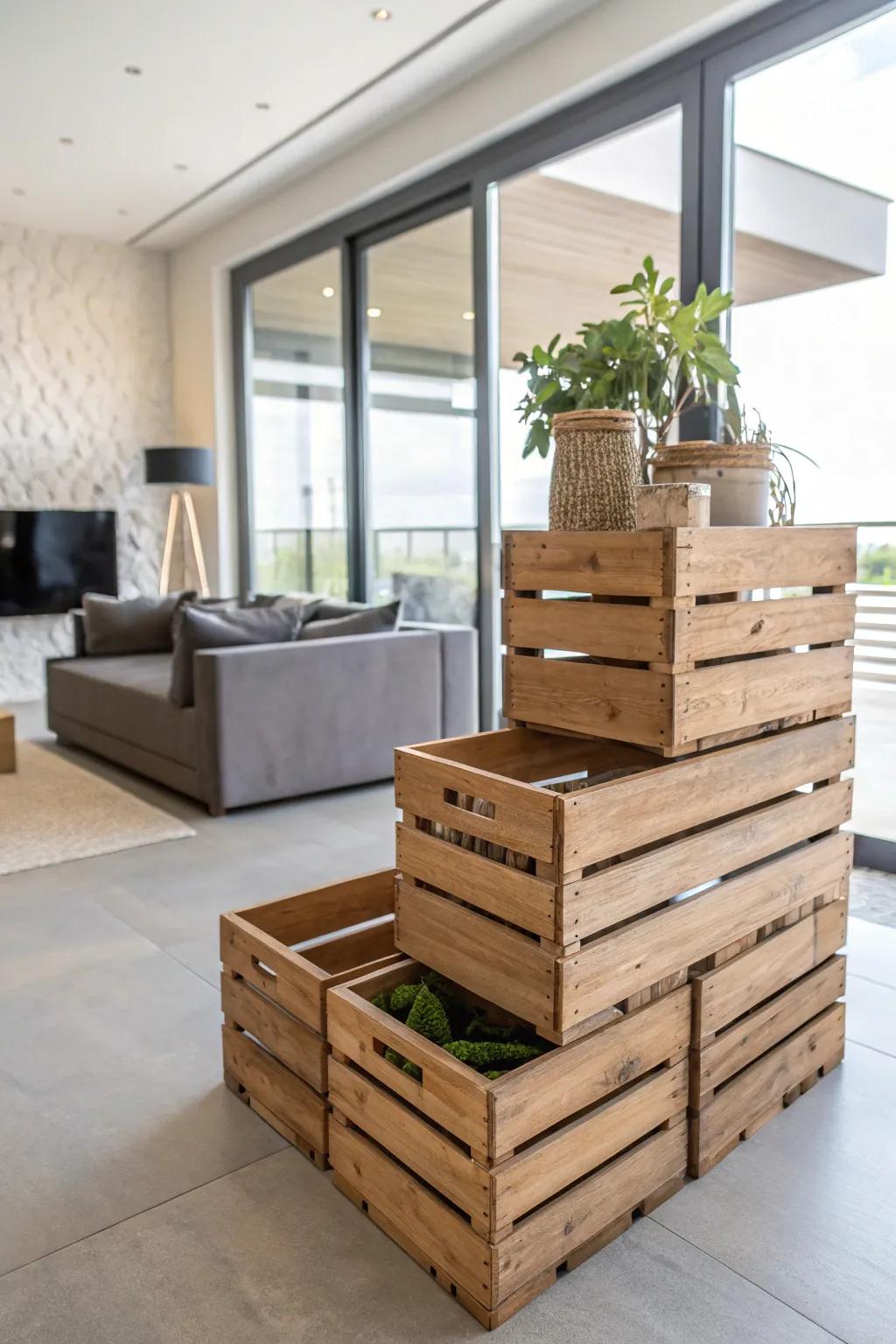 Wooden bins add storage and natural charm.