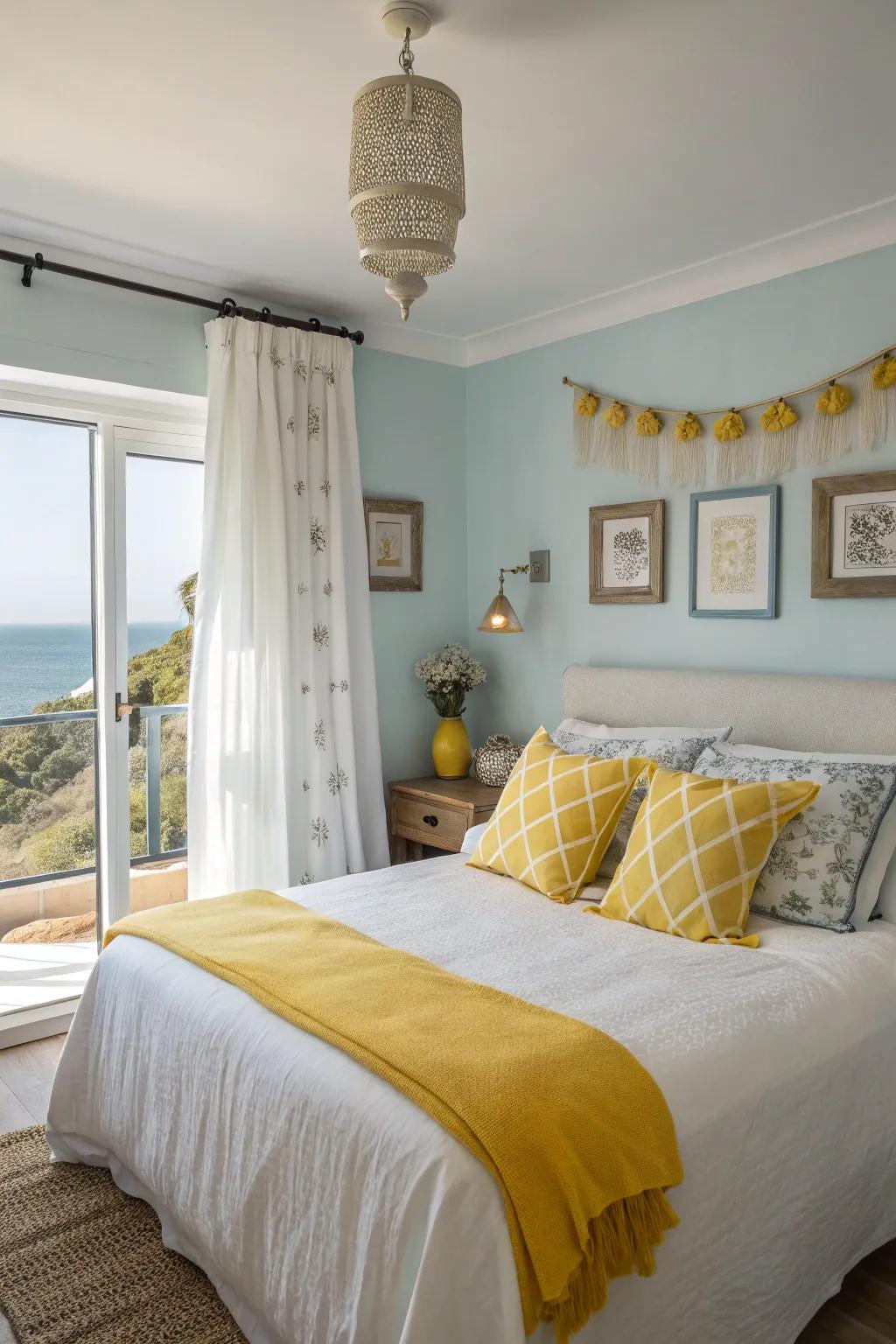Yellow accents introduce a sunny, cheerful element to coastal décor.