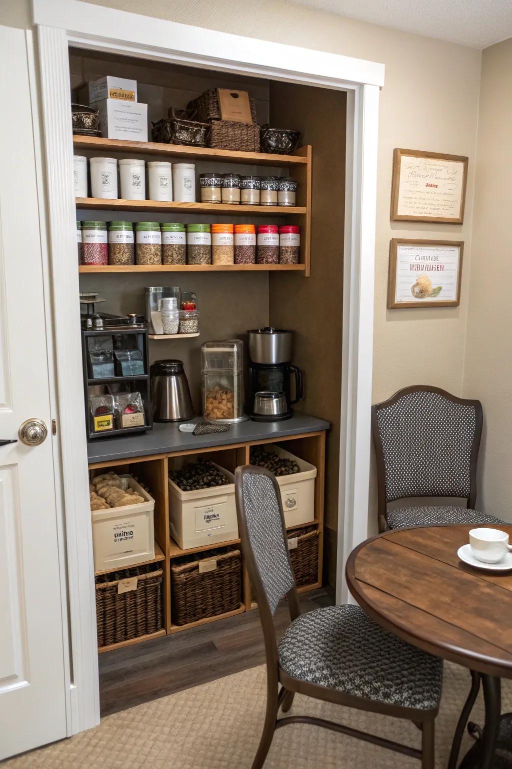 Converting a wardrobe into a coffee station maximizes space usage efficiently.