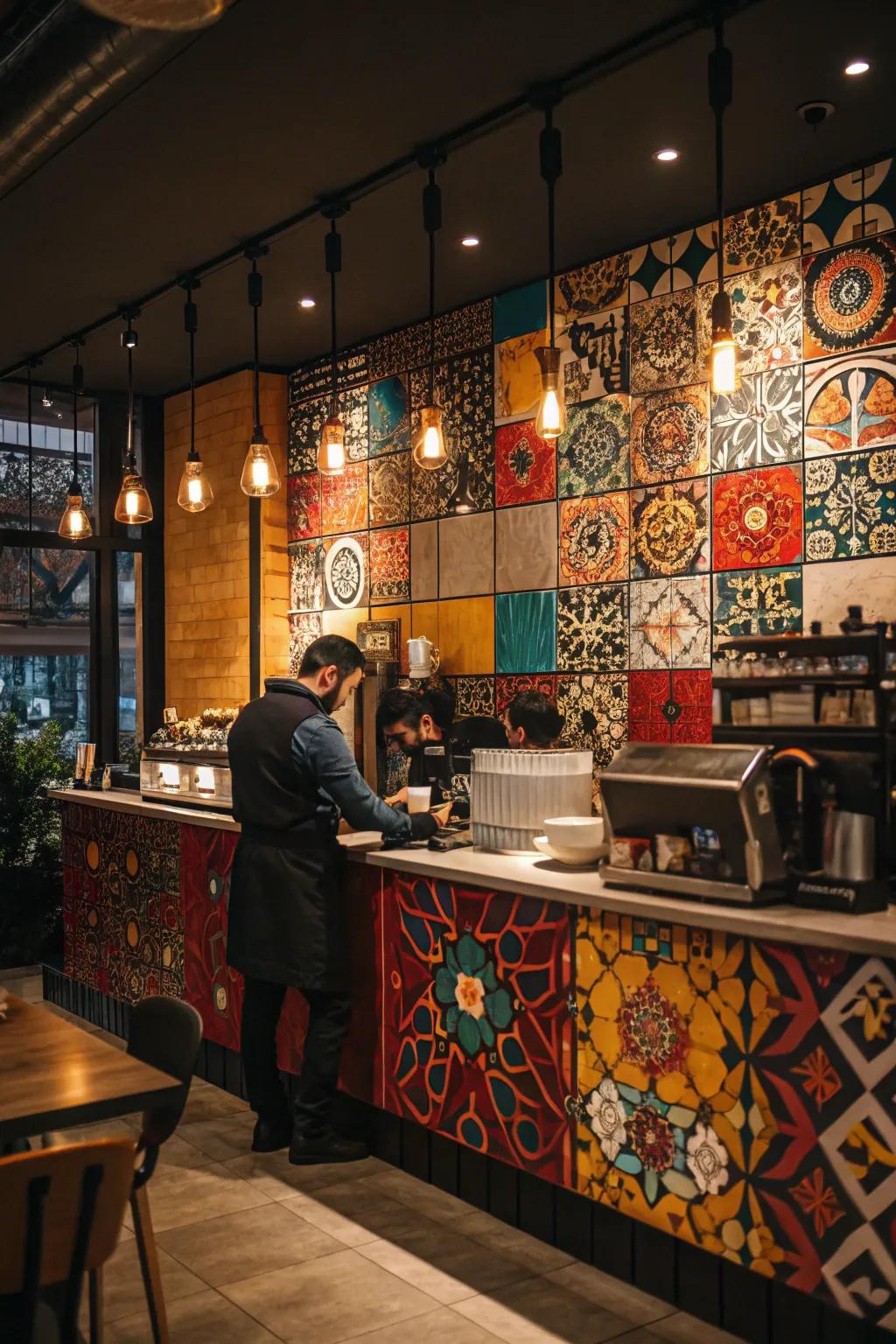 A coffee bar with a bright tile background.