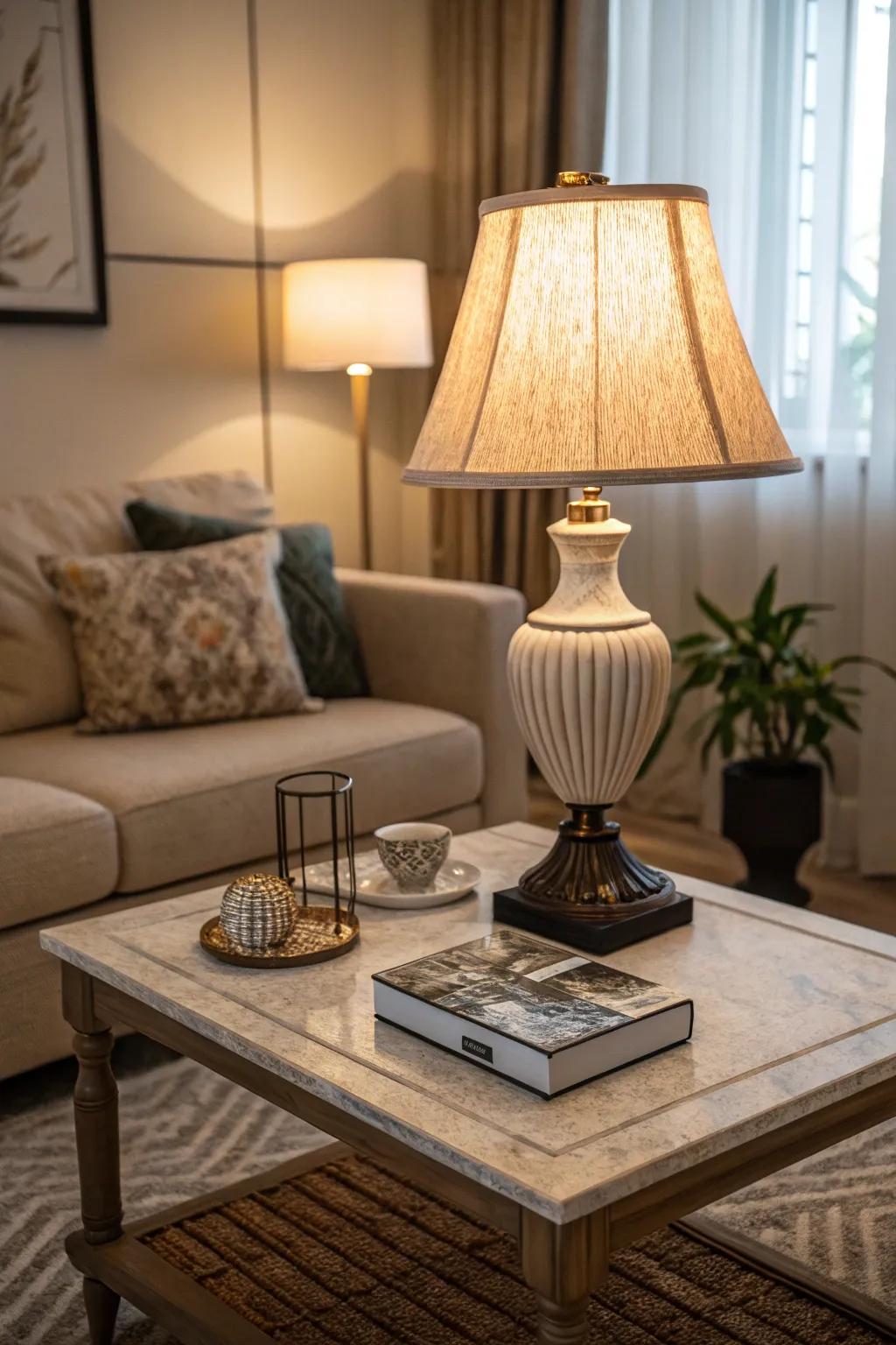 Ambient lighting can enhance the visual appeal of your coffee table arrangement.
