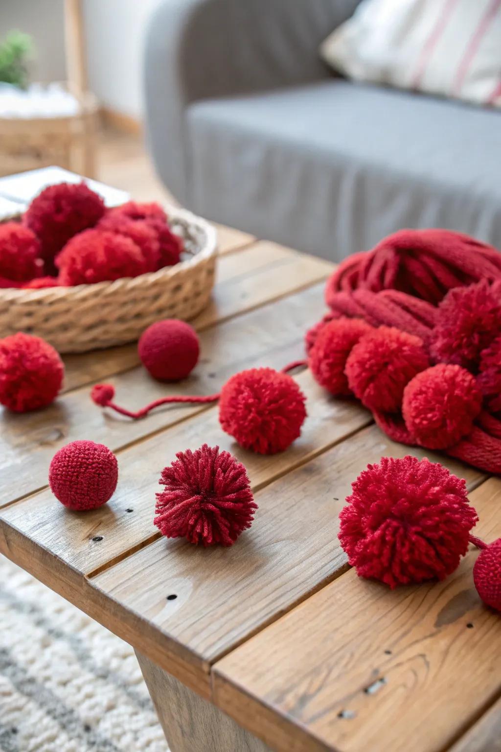 Charming crimson string balls bringing a playful element to the decor.