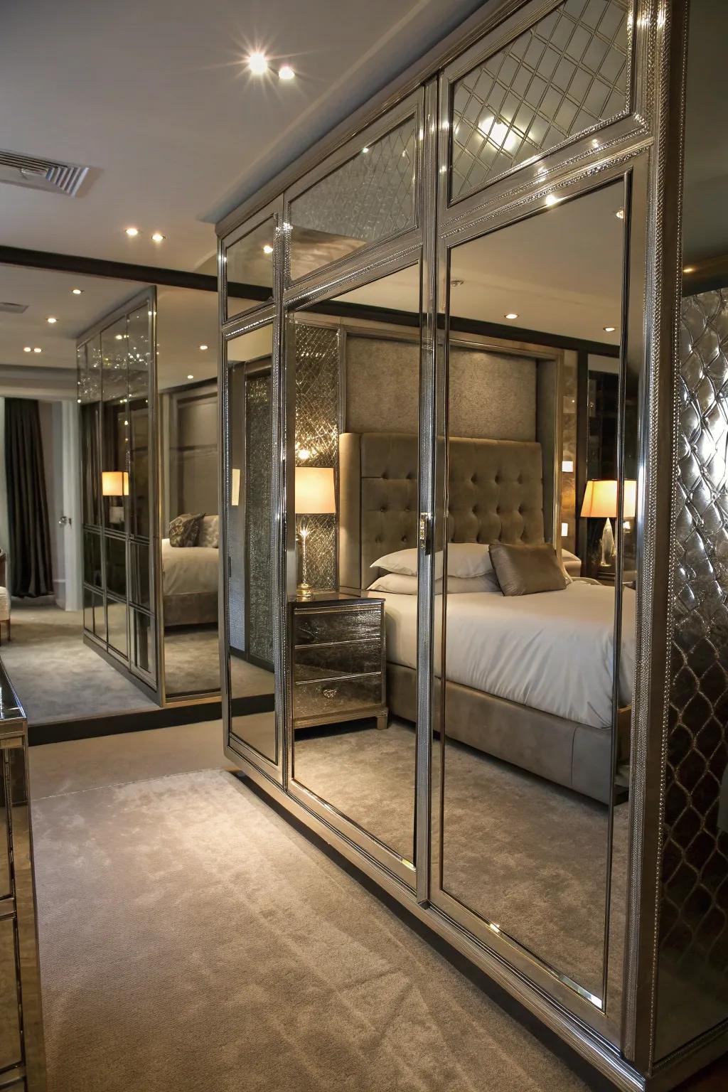 Glossy elements enhance light and space in this bedroom.