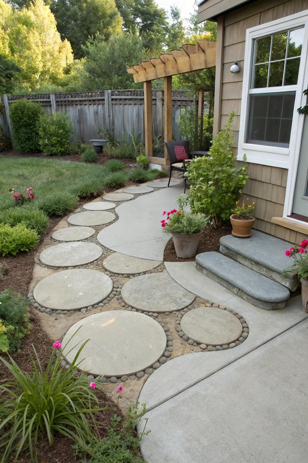 Stepping stones impart an artistic flourish to patio borders.