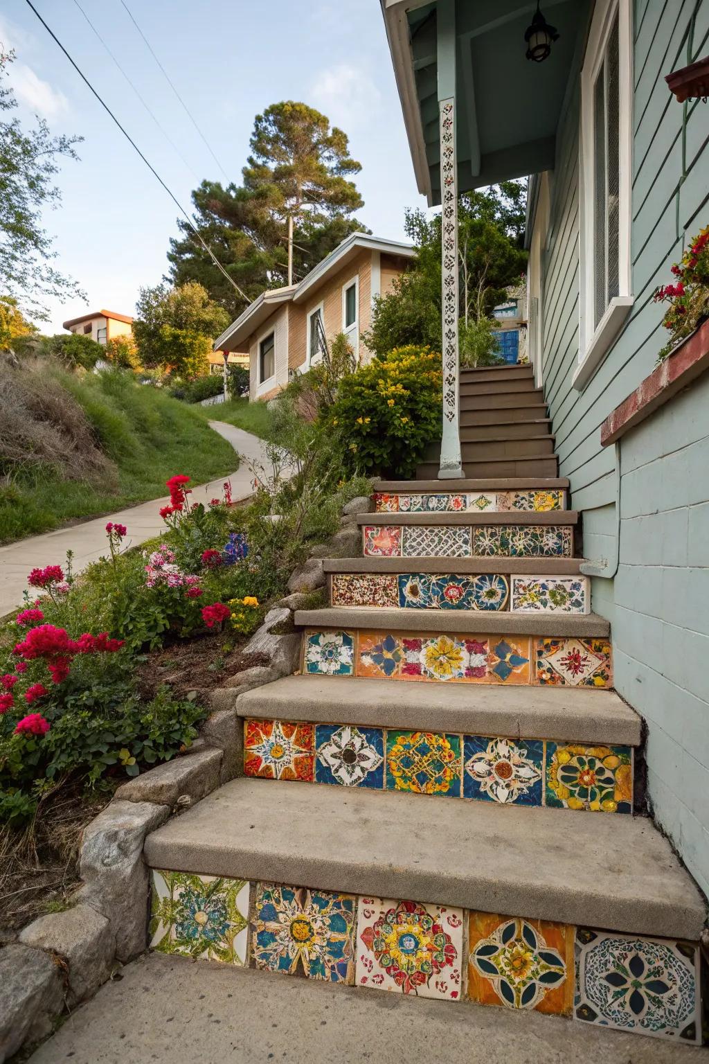 Ornamental floor tiles lend exotic charm to steps.