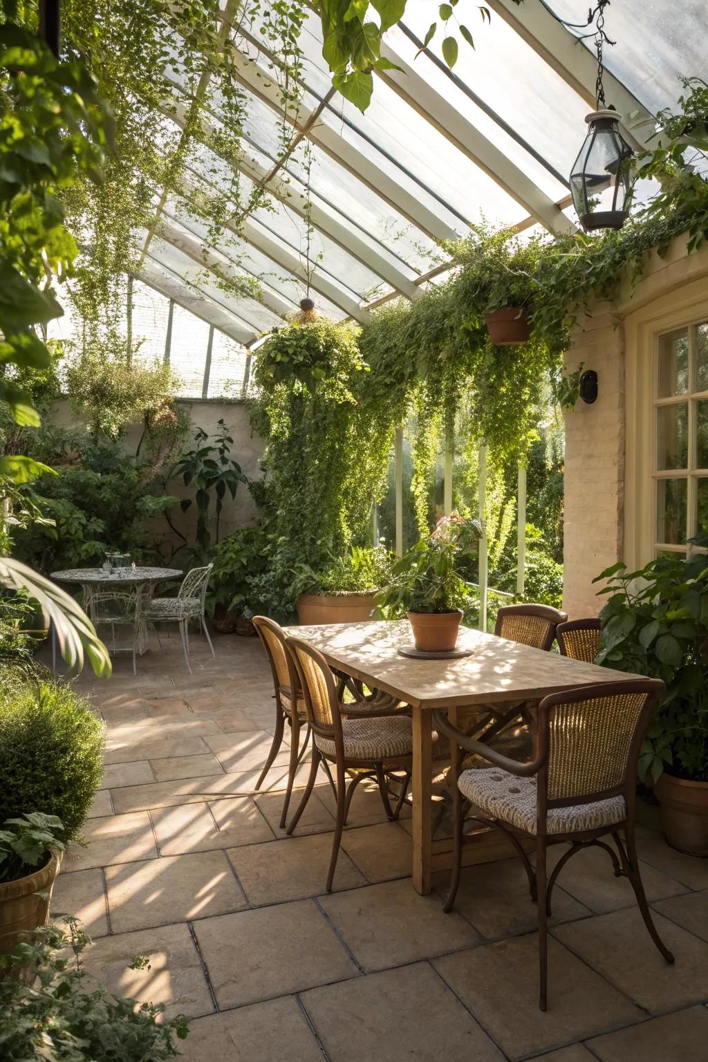A meal retreat in a sunroom, best for meals with a vista.