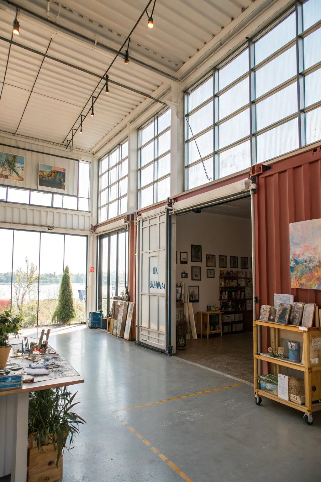 A shipping container transformed into a bright and inspiring art space.