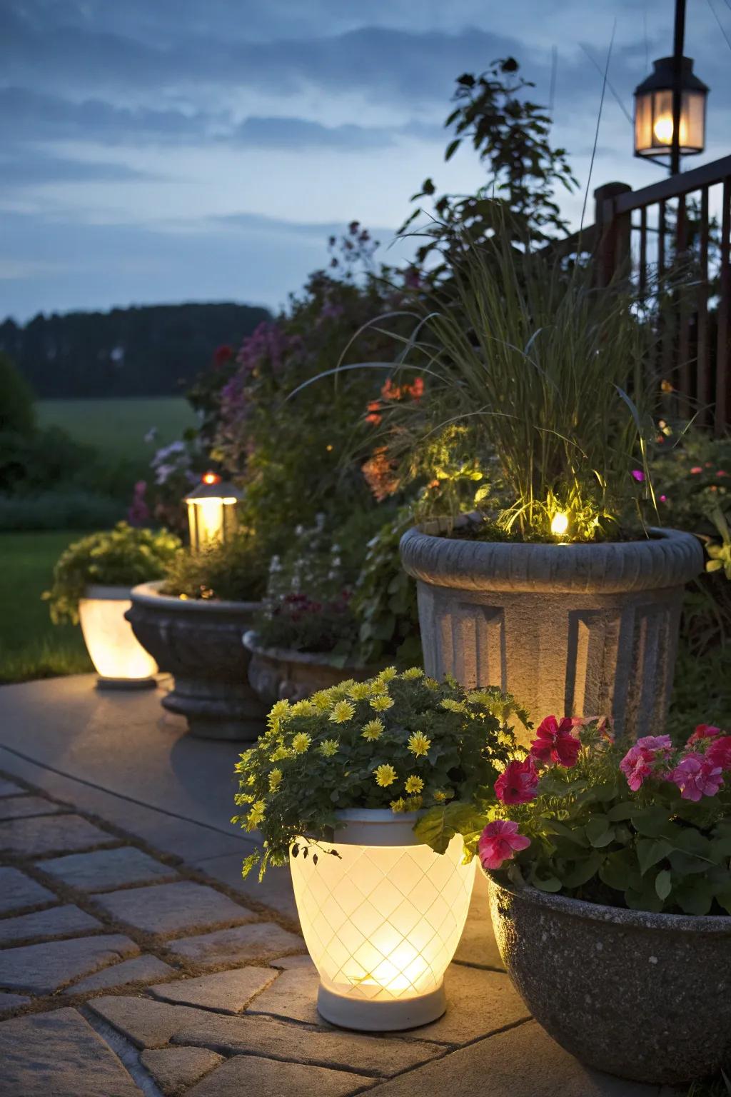 Garden containers illuminated for evening ambiance.