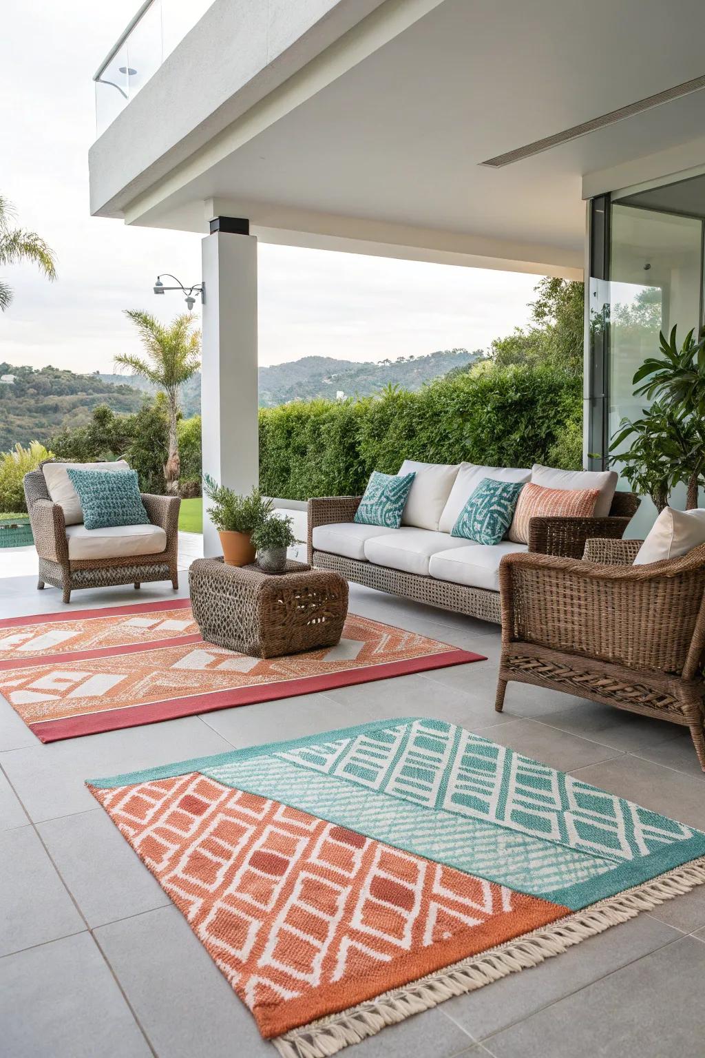 Outdoor rugs add warmth and define areas on a patio.