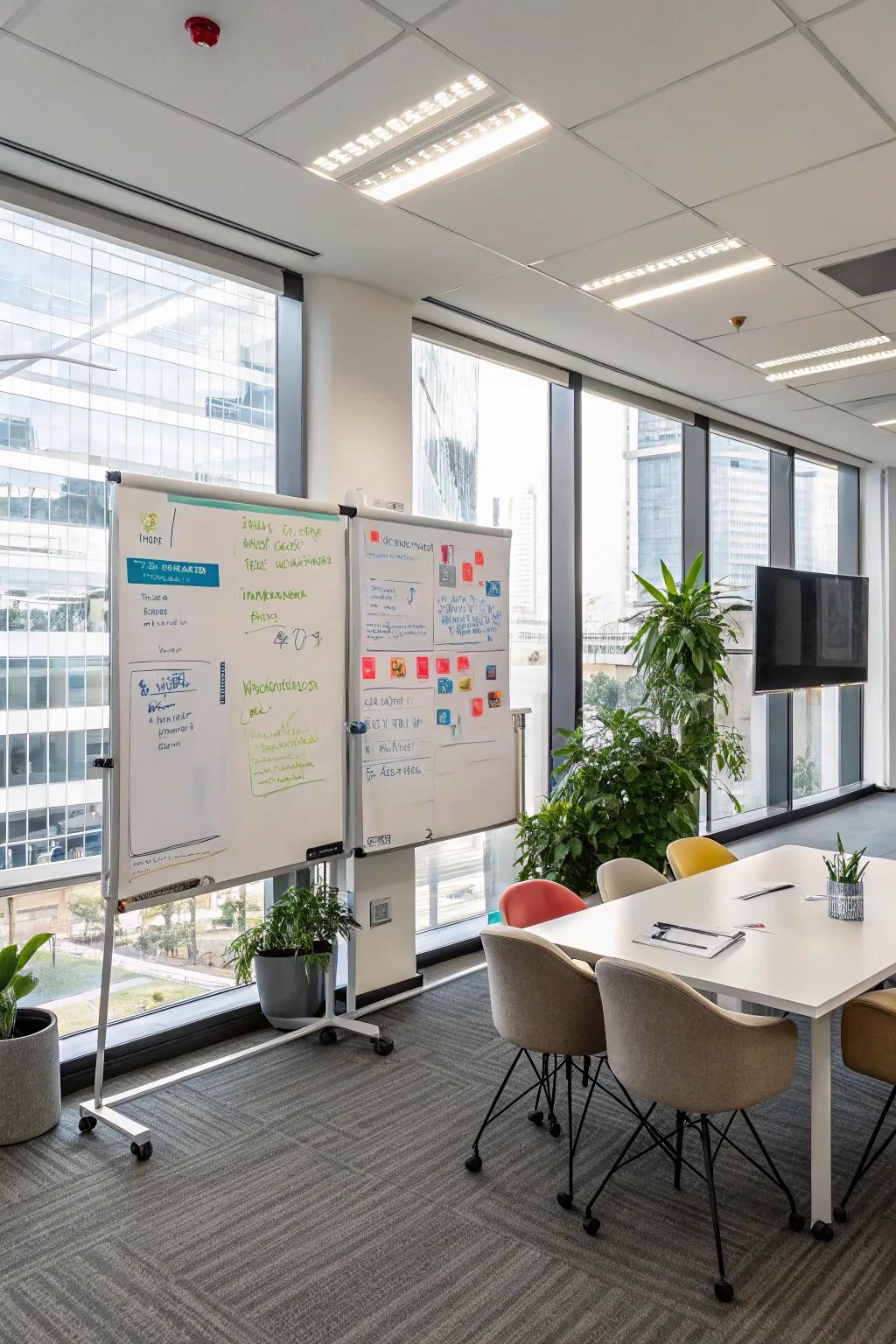 Office space with interactive whiteboards for dynamic meetings.
