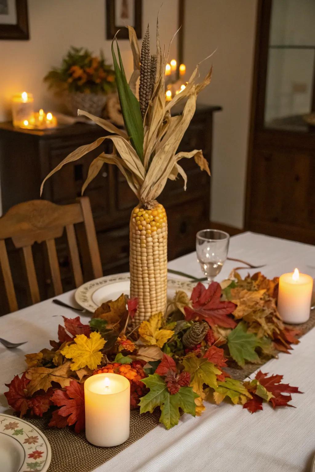 Bring a natural element to your table with a corn stalk centerpiece.