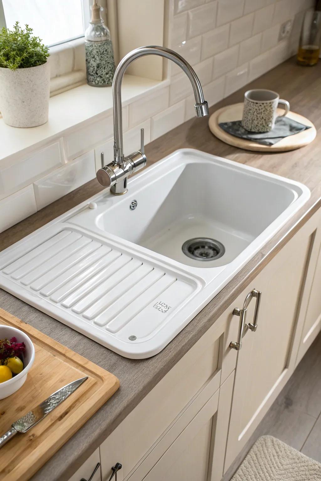 A sink with a drainboard, optimizing the use of kitchen space.