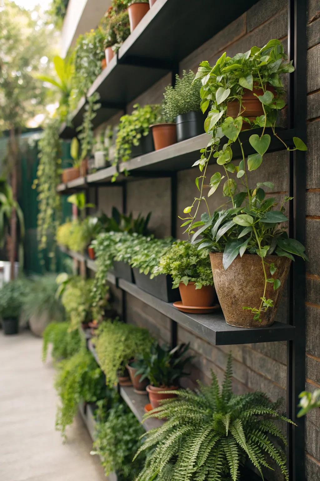 A flowing foliage wall using corner shelves.