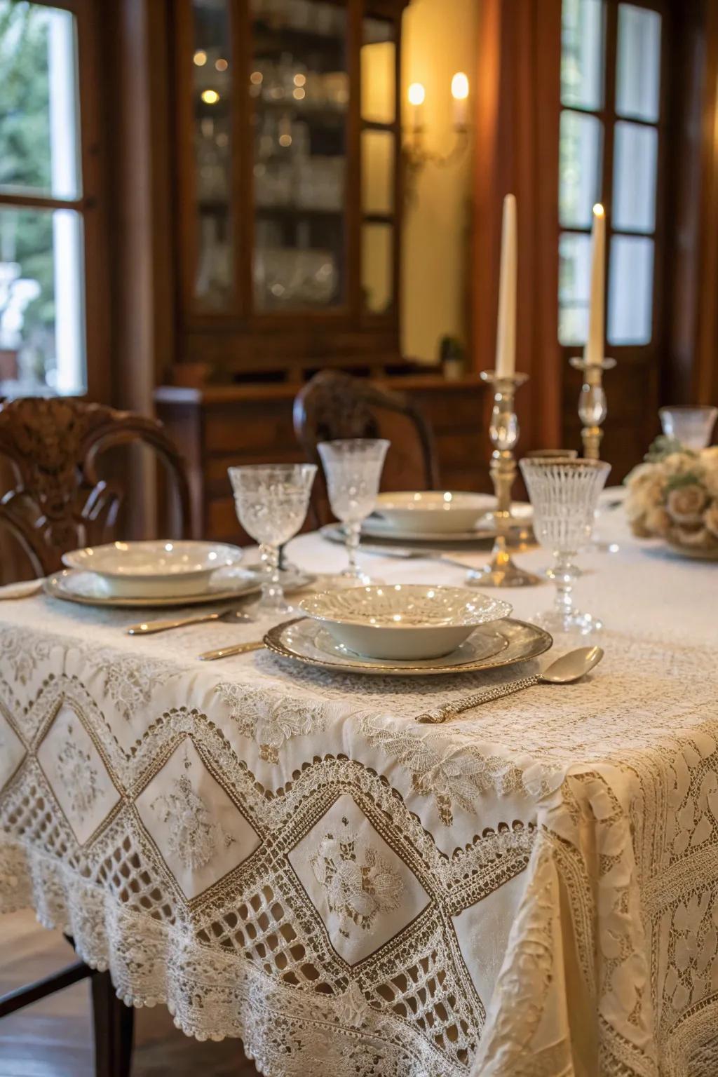 Vintage webbed linens bring timeless elegance to your dining table.