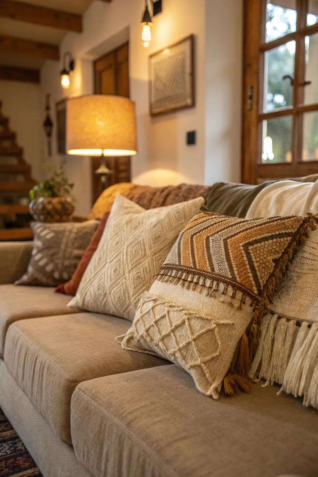 Country pillows provide a warm, earthy feel to the room.